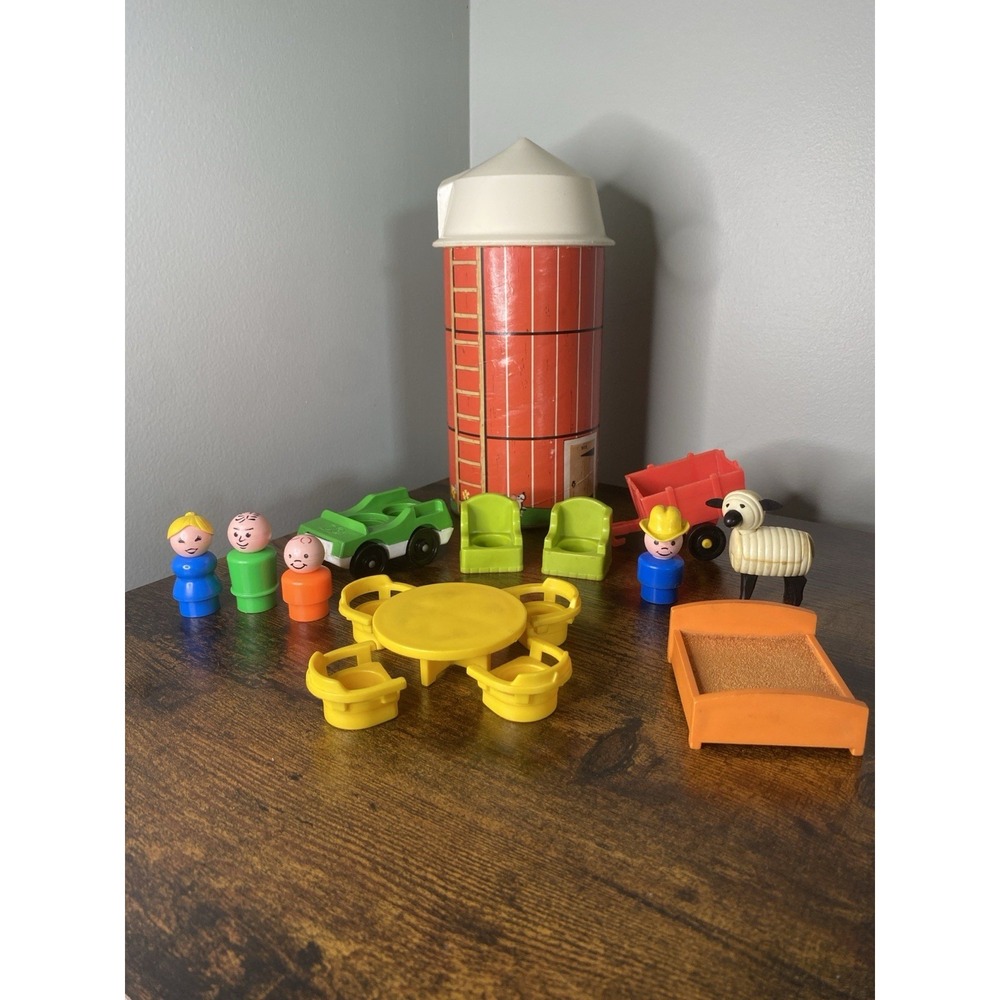 Vintage Fisher Price Little People Silo Tractor Farmer Sheep Table Chairs 1960s